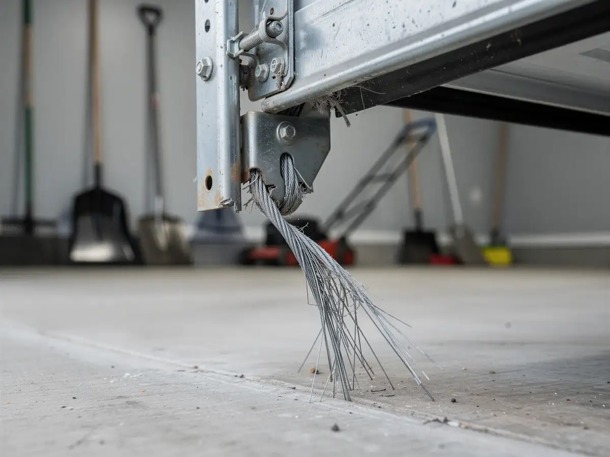 The frayed garage door cable hangs from the bottom of the garage door.