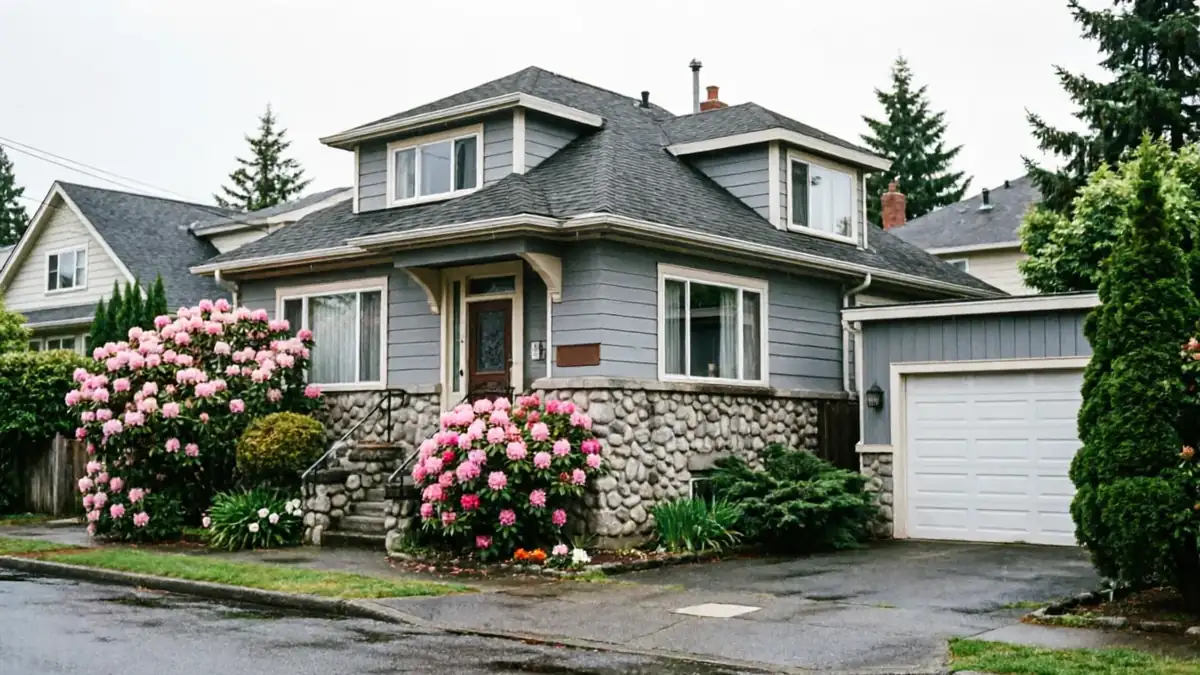 A gray house with a white garage door and pink flowering bushes in front.