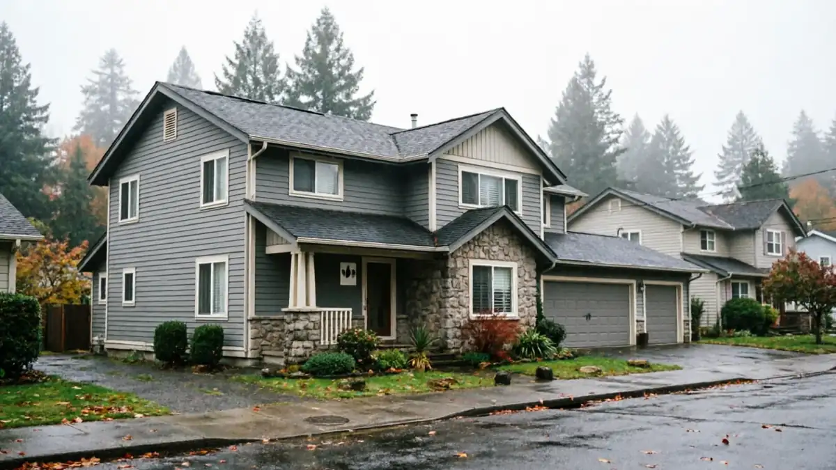 A gray house with a two-car garage and stone accents on a wet street.