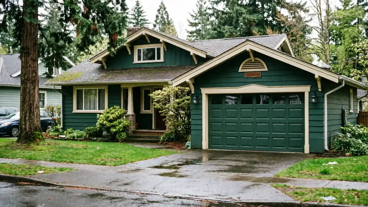 A green house with a green garage door and a wet driveway.