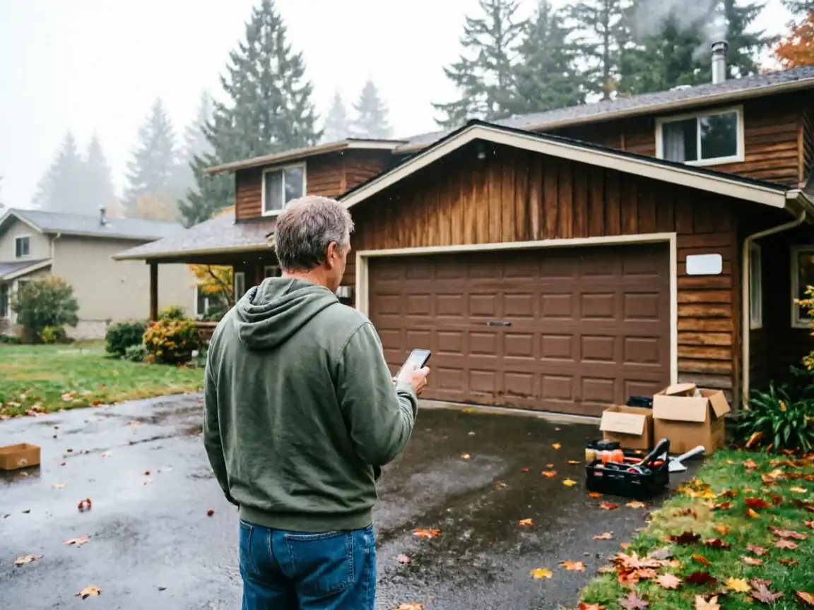 A man stands in a driveway looking at his phone in front of a house.