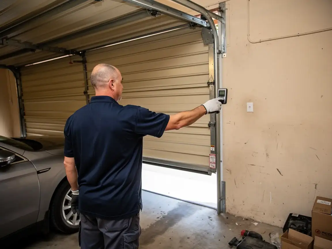 A technician holds a remote control while standing next to an open garage door.
