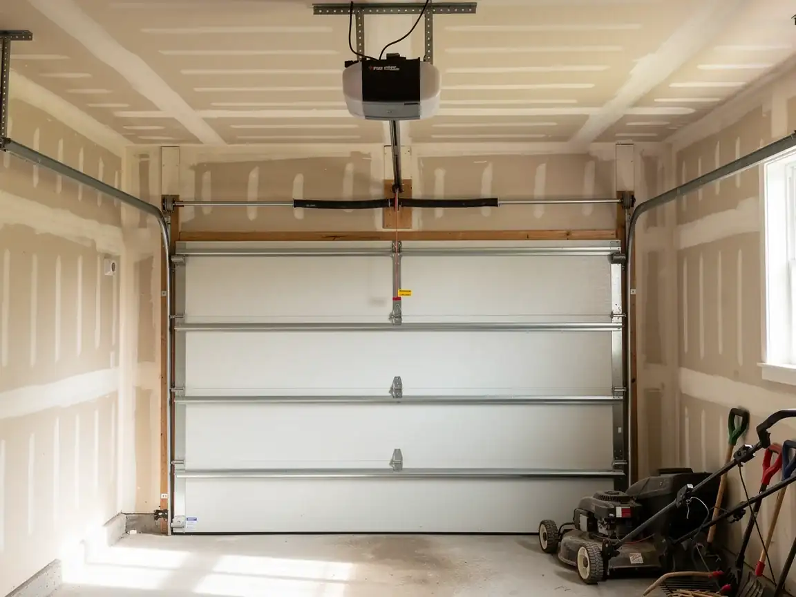 A white garage door is closed inside a garage with an opener and tools.
