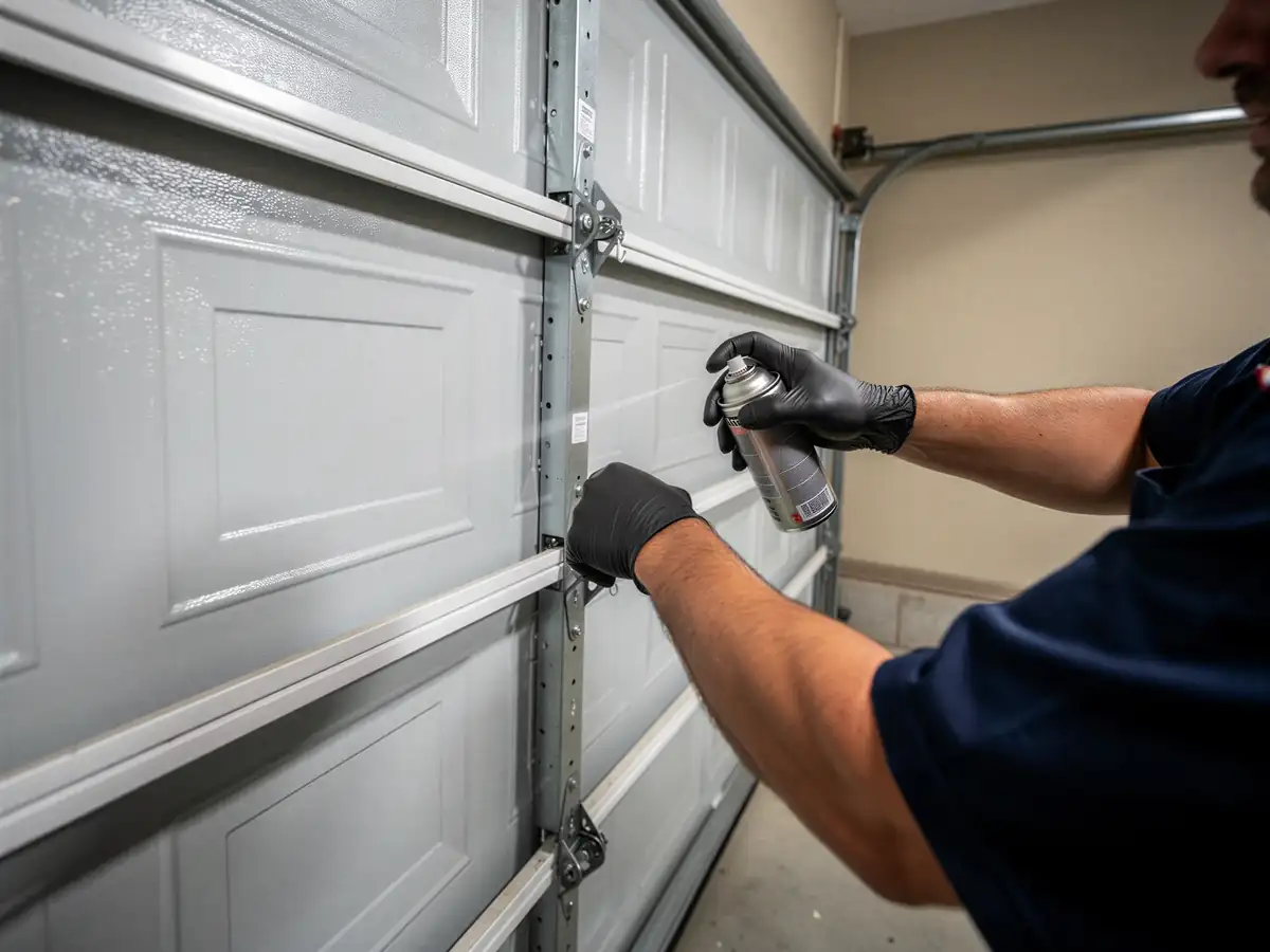 A technician in black gloves sprays lubricant on a gray garage door track.
