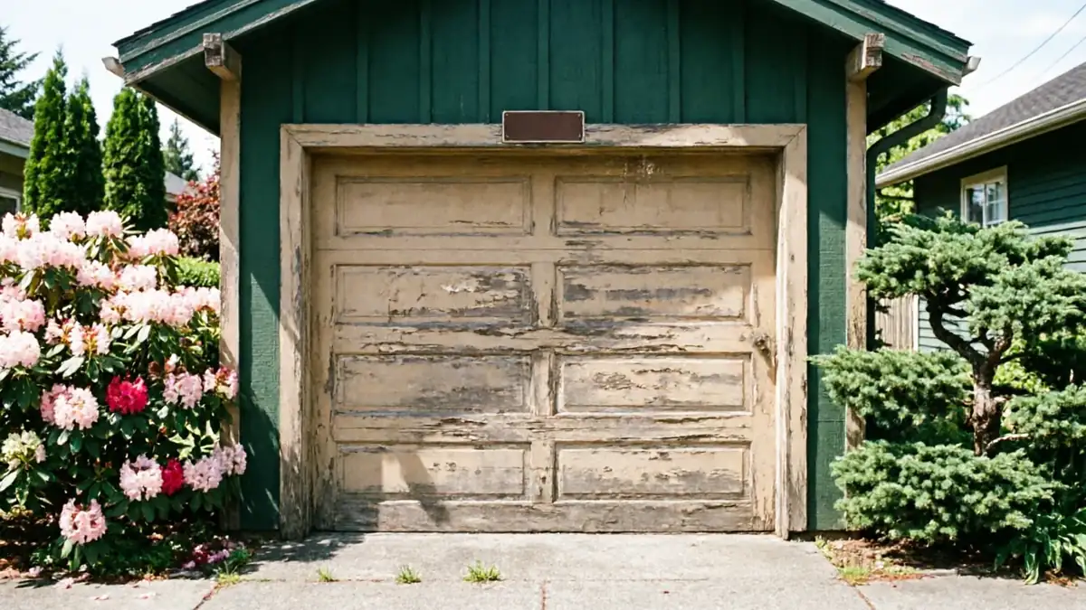 A peeling garage door is on a green garage with flowering bushes.
