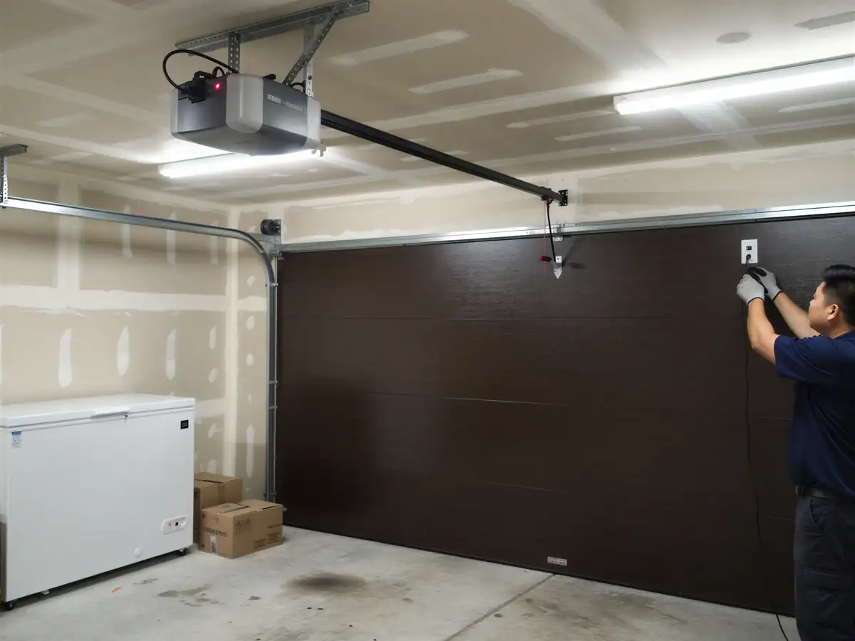 A technician installs a garage door opener control panel on a brown garage door.