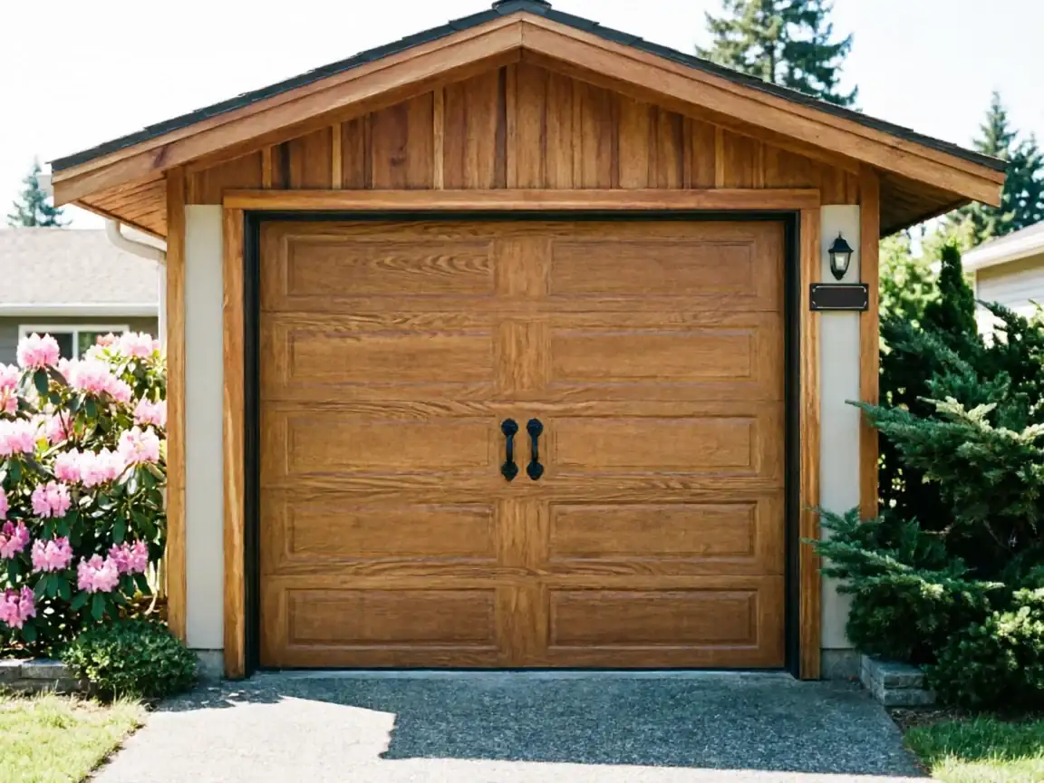 A wooden garage door with decorative handles is surrounded by bushes and flowers.